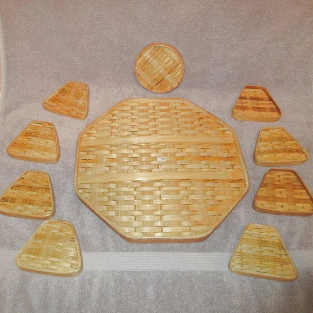 Vtg Woven Bamboo Rattan Wicker Serving Tray & Coasters 11 Piece Tradwife MCM 70s